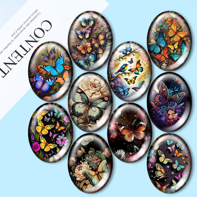 Retro pop butterfly art pattern 10pcs mixed 13x18mm/18x25mm/30x40mm Oval photo glass cabochon demo flat back Making findings