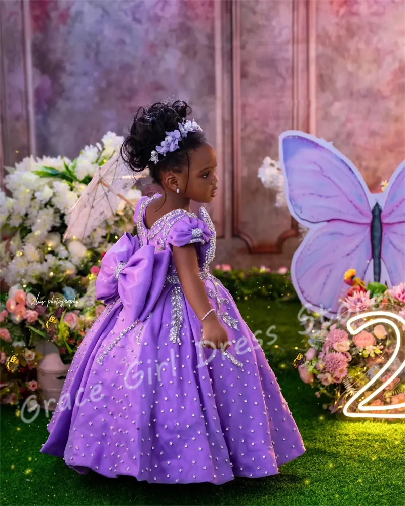 

Customized Lavender Flower Girl Dress For Wedding Crystal Satin With Bow Gorgeous Kids Birthday Party Formal Occasion Ball Gown