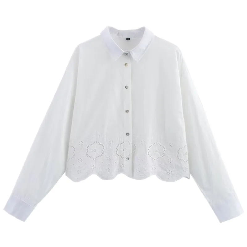 

Spring 2025 Women's Faion Long Sve Embroidered Hollow out Collared ort irt New Arrival Versatile Loose Fit irt