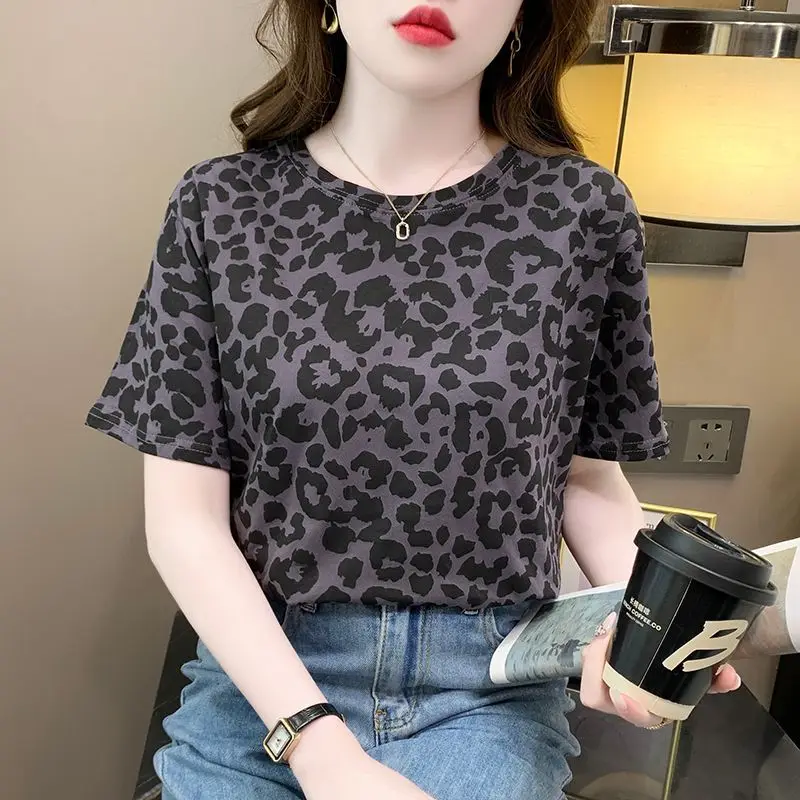

Pure Cotton Leopard Printed Short Sleeves T-shirt for Women Summer Casual Loose Round Neck Pullover Tops Fashion Women Clothing