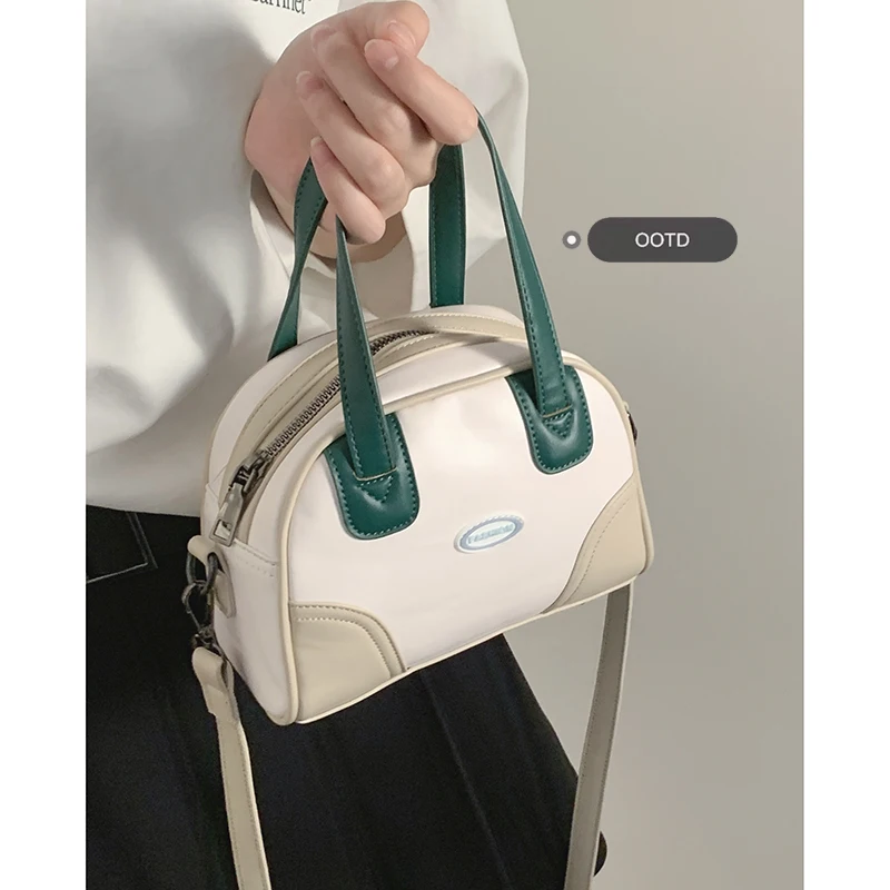 Contrast Color Boston Handbags for Women Soft Pu Leather Large Capacity Female Casual Mini Handle Bag Versatile Shoulder Pack