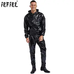 Unisex Womens Mens PVC Sauna Suit Sports Exercise Workout Outfit Long Sleeve Zipper Drawstring Hooded Jacket Tops with Pants