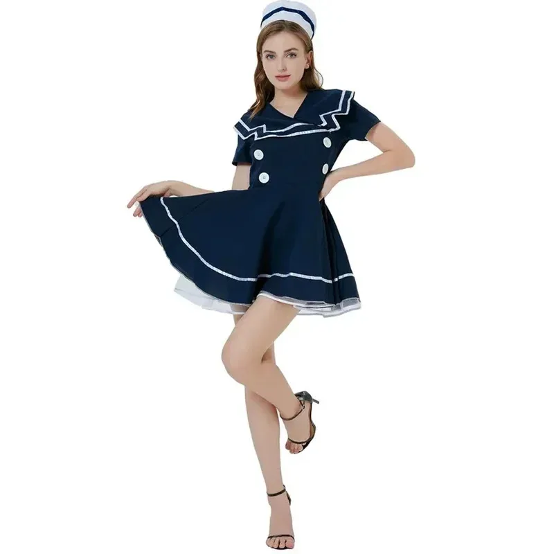 Uniforme cosplay da marinaio sexy blu scuro per adulti per le donne, travestimento in maschera per feste di Halloween