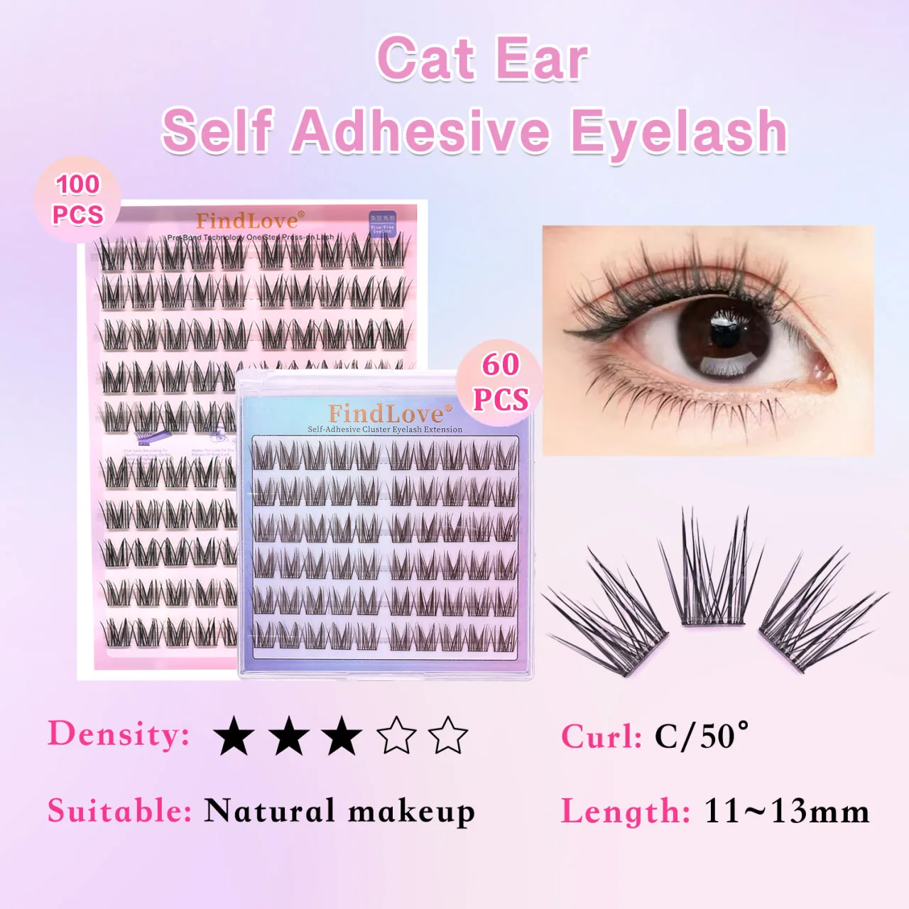 FindLove100/60 Clusters No Glue Natural & Charming Eyelashes 3 Seconds Apply Reusable False Lashes Self-adhesive for Daily&Party