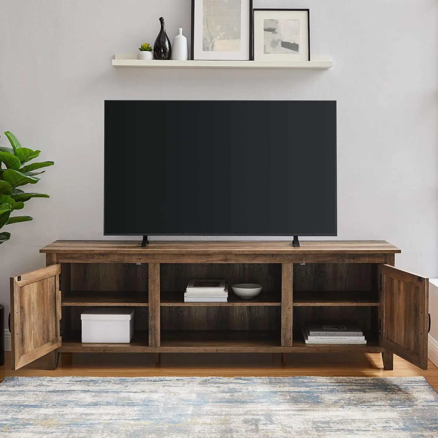 Ashbury Coastal Style Grooved Door TV Stand for TVs up to 80 Inches, 70 Inch, Rustic Oak