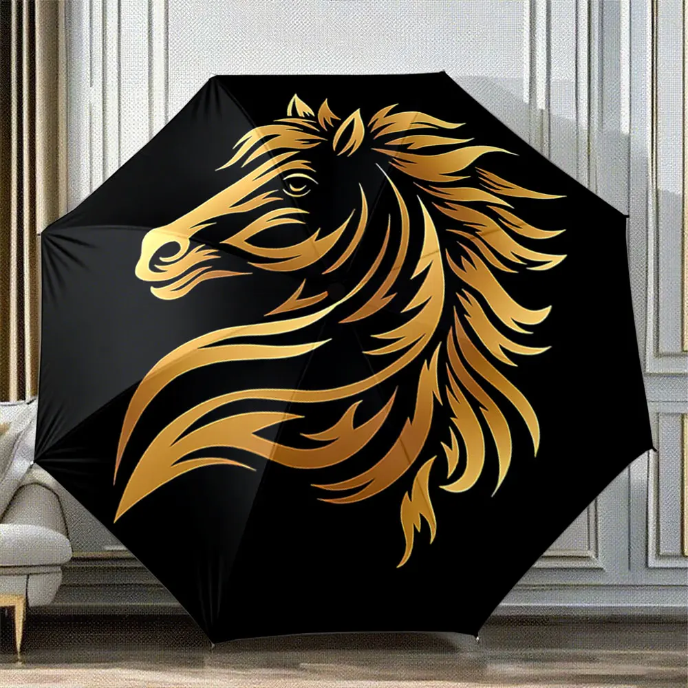 Golden Horse Design on Black Background Compact Umbrella Portable Folding Umbrella, Gift for Family And Friends