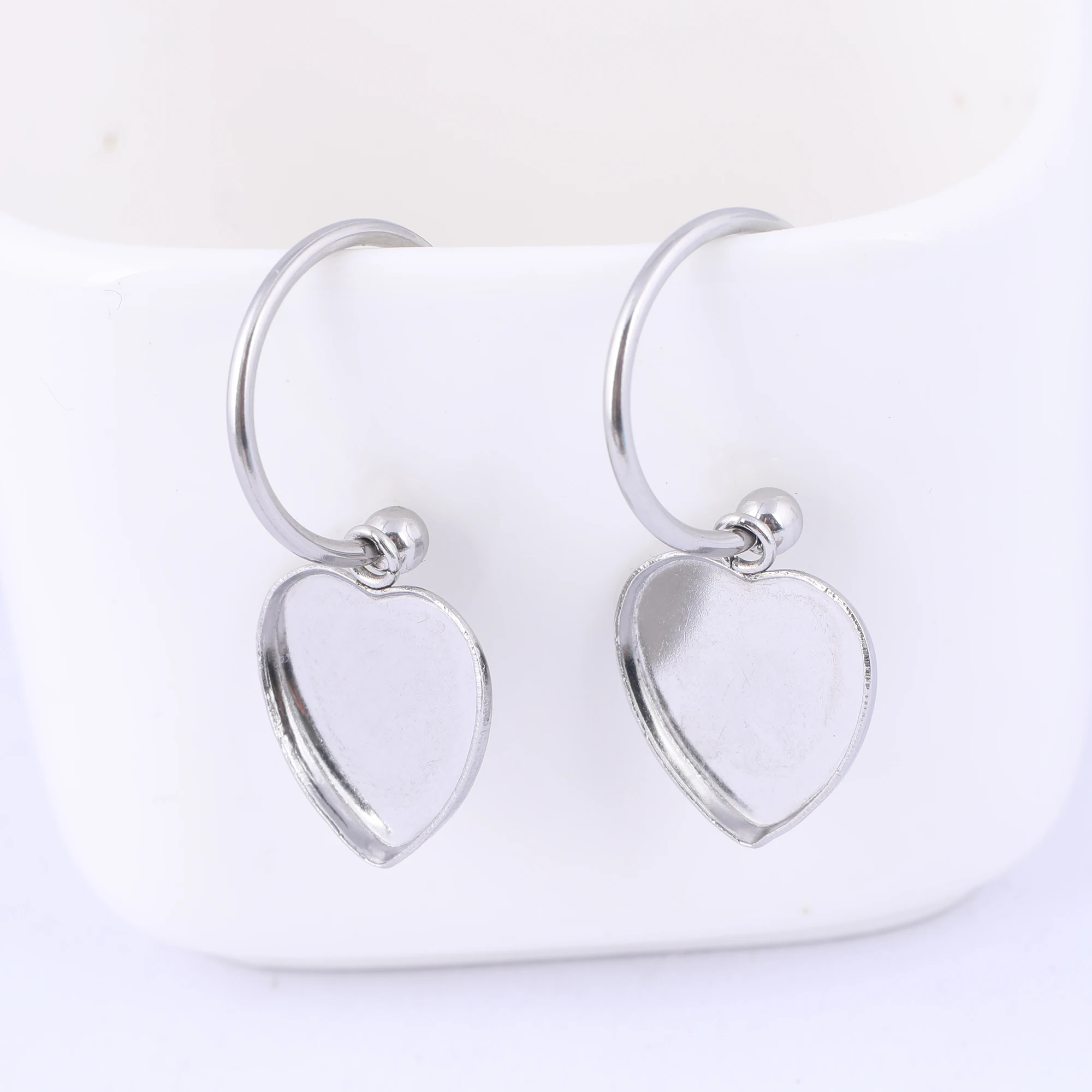 

10pcs Fit 12mm Heart Cabochon Earring Base Blanks Diy 15mm Dia Ear Hoops Bezel Findings Stainless Steel Jewelry Accessories