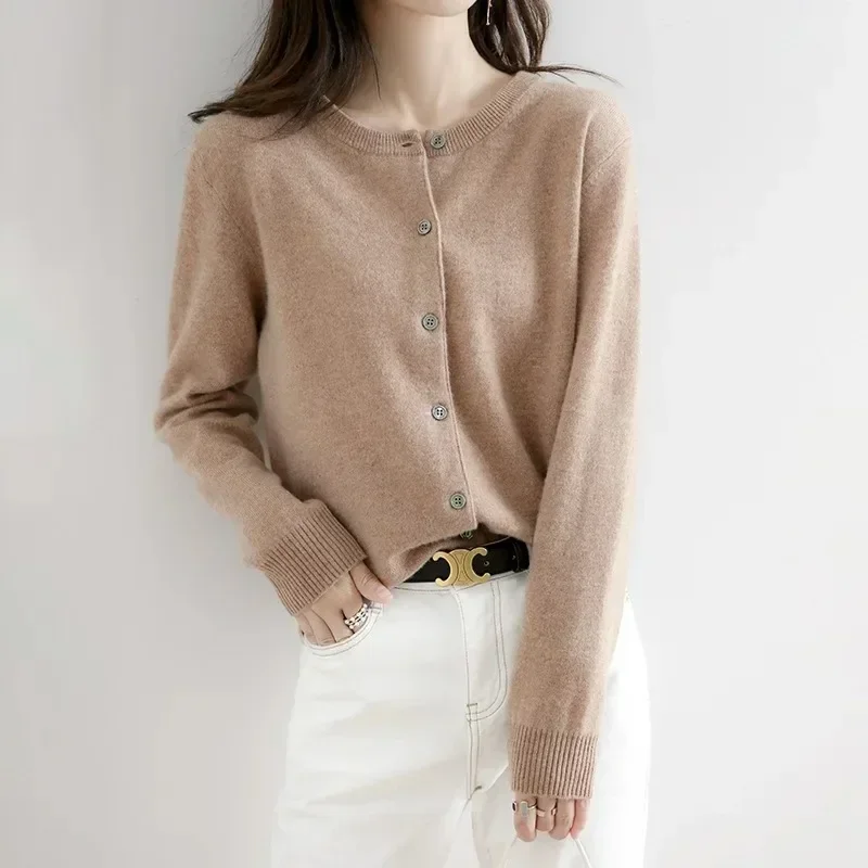 Women's Sweater Cashmere Cardigans V-neck Single Breasted Short Slim Lady Brown Knitwear Tops Solid Korean Femme Cardigan