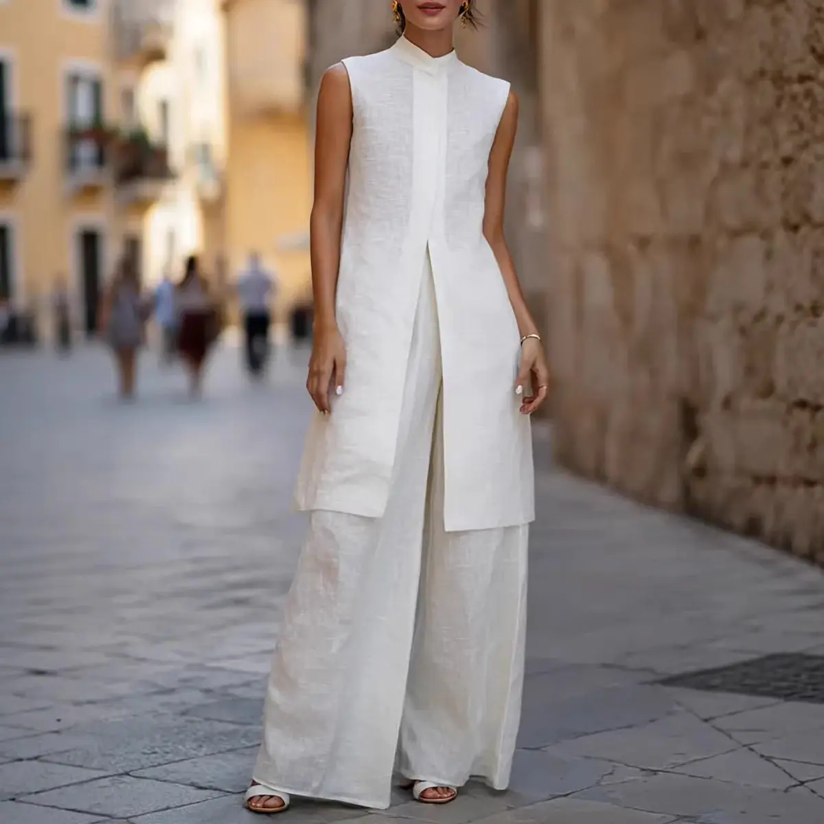 

Women Minimalist Sleeveless Loose 2 Piece Suit Elegant Street Solid Outfit Ladies Fashion O-neck Split Long Pullover Long Pant