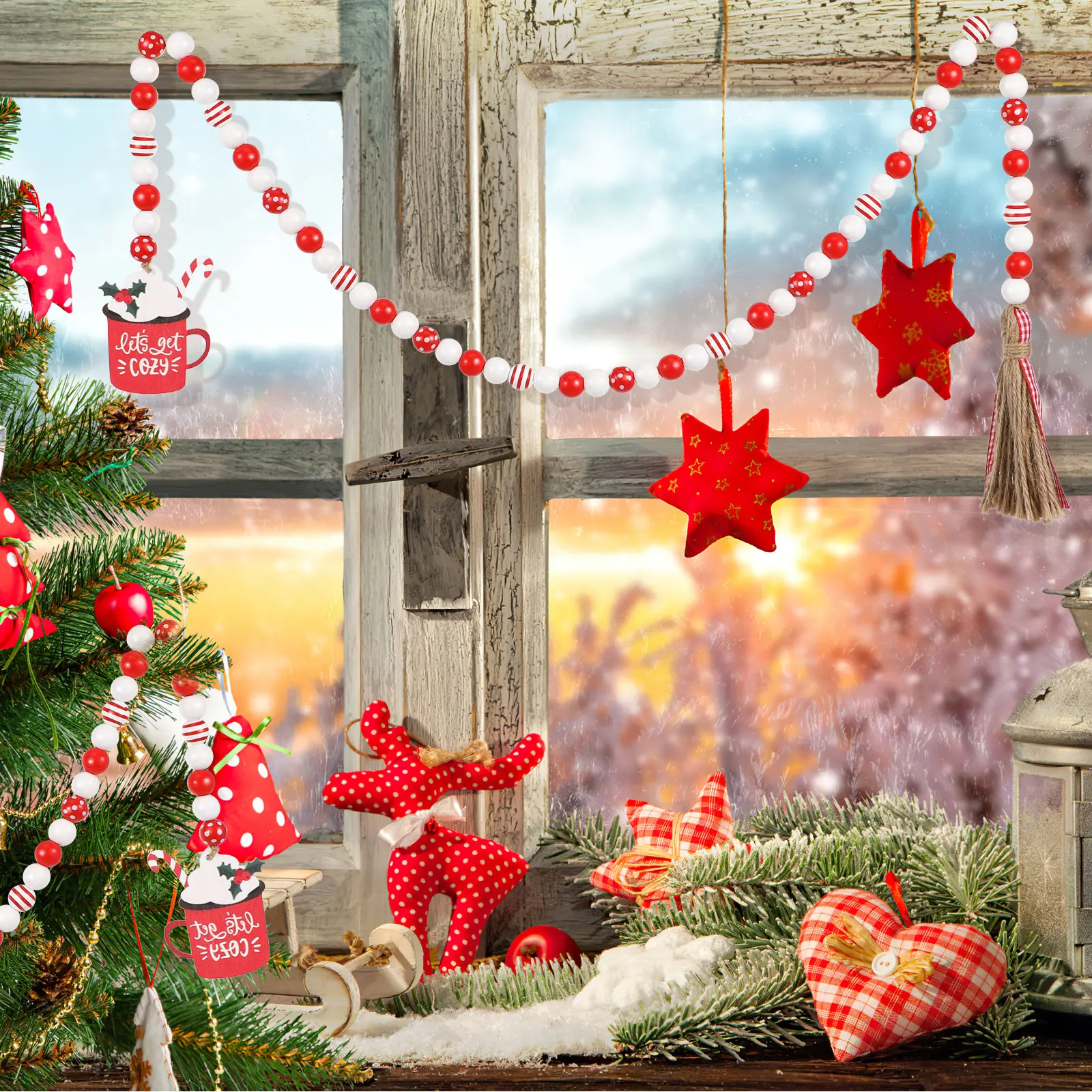 

Wooden Bead Hanging String Red Garland Christmas Decor Fall Wedding Home Beads Party nament Creative Wall Decor Bright Color