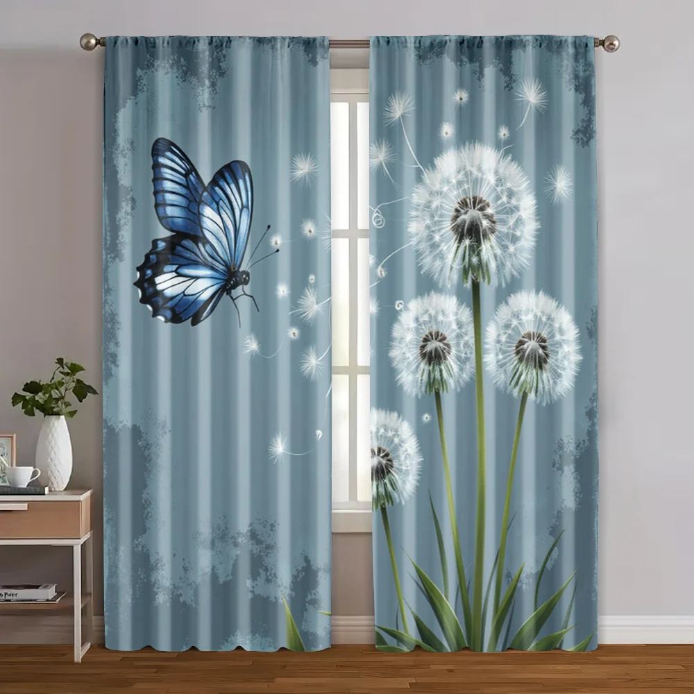 2pcs, Fashionable Curtains depicting sky blue, gray dandelions and butterflies Fabric (without rod) Gifts Perfect for Bedroom &
