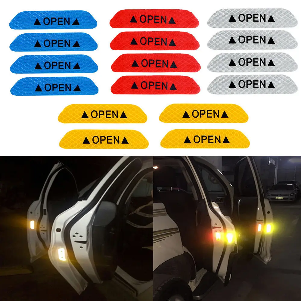 4pcs Universal Car Door Red/Blue/White/Yellow 9 X 3 Cm Safety Reflective Tape Open Sign Warning Mark Car Sticker Accessories