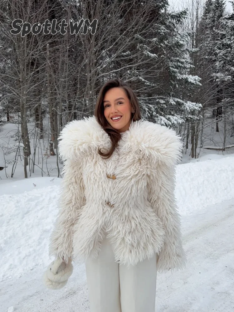 Women’s Solid Color Faux Fur Coat Lapel Collar Women Longsleeve Waist-cinching Fuzzy Jacket  Autumn Winter Casual Lady Outfits