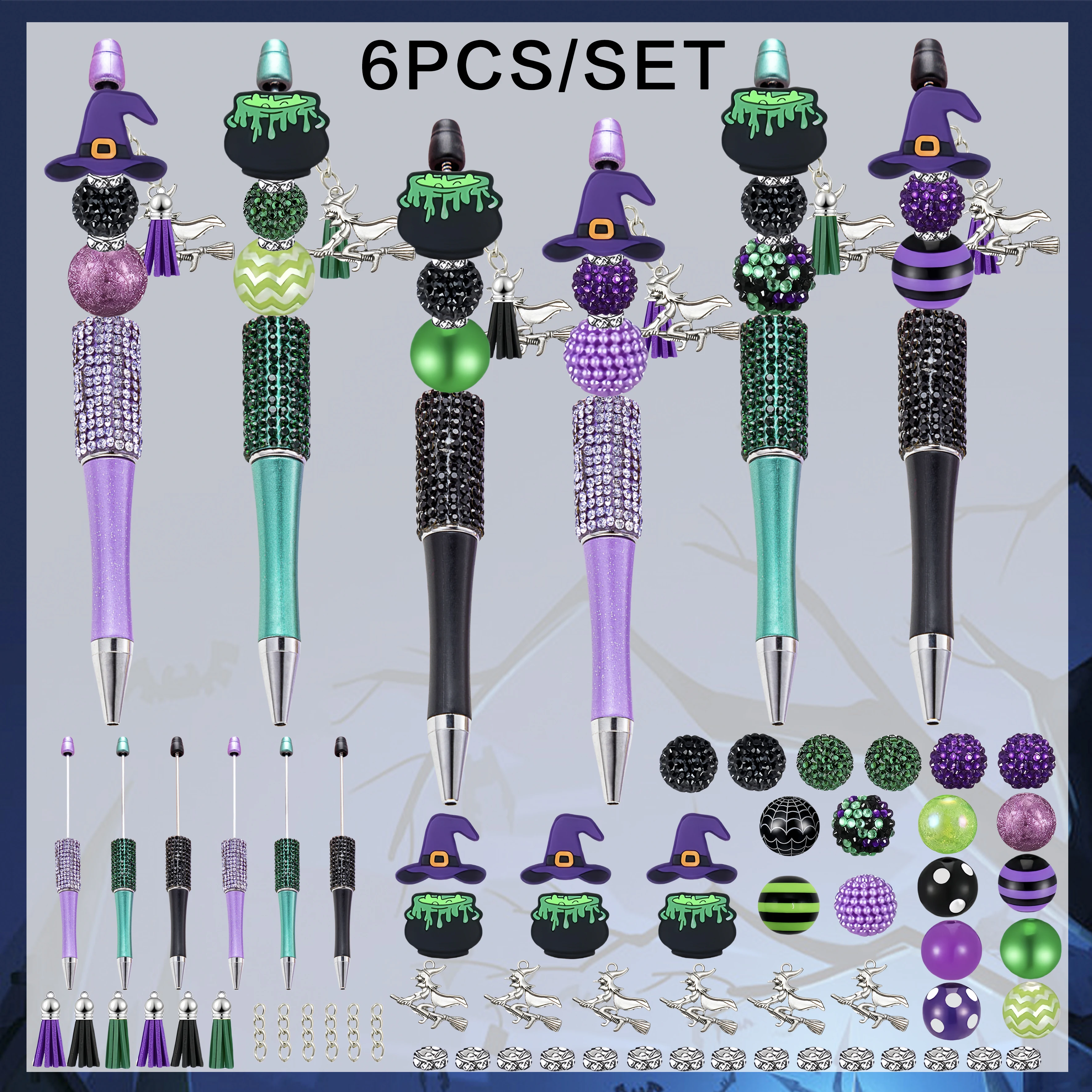 

6PCS Halloween DIY Bead Pen Set, With Purple Witch Silicone Beads Acrylic Beads,Office&Study Supply