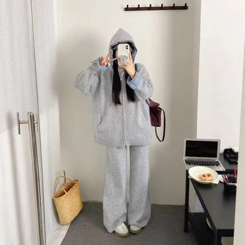 Koreanische beiläufige Lose Feste langarm gestrickte zipper mit kapuze strickjacke + elastische taille hosen 2-teiliges set winter frauen Anzug Neue