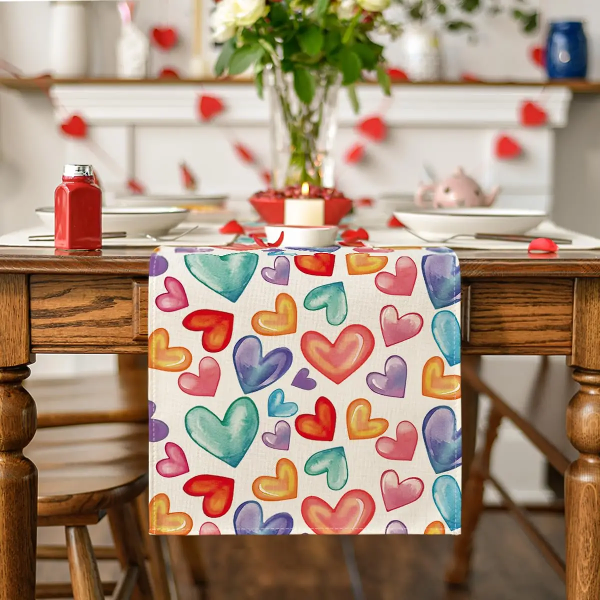 Colorful Love Heart Pride Month Table Runner, Seasonal Valentine's Day Spring Summer Kitchen Dining Table Decoration