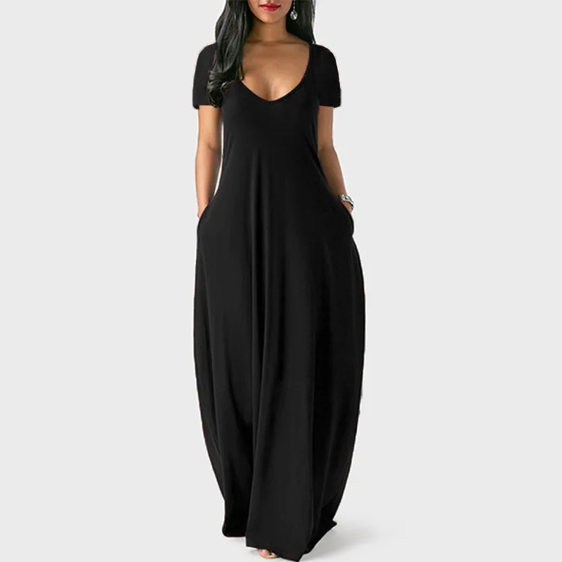 

Summer Maxi Dress For Women Clothing 2025 Fashion Solid Color Sexy Short Sleeve Casual Plus Size Dress High Waist Pocket Robe