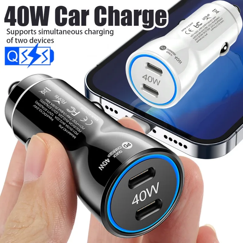 40W Dual PD Car Charger Universal DC12-24V Circular Dual Ports Fast Charging 5V/3A Car Cigarette Lighter Adapter Car Accessories