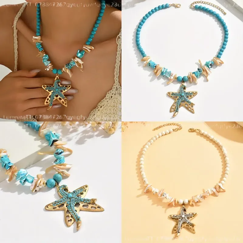 Bohemian Vintage Starfish Pendant Necklace Irregular Artificial Shell Beaded Chain Summer Ocean Beach Style Exaggerated