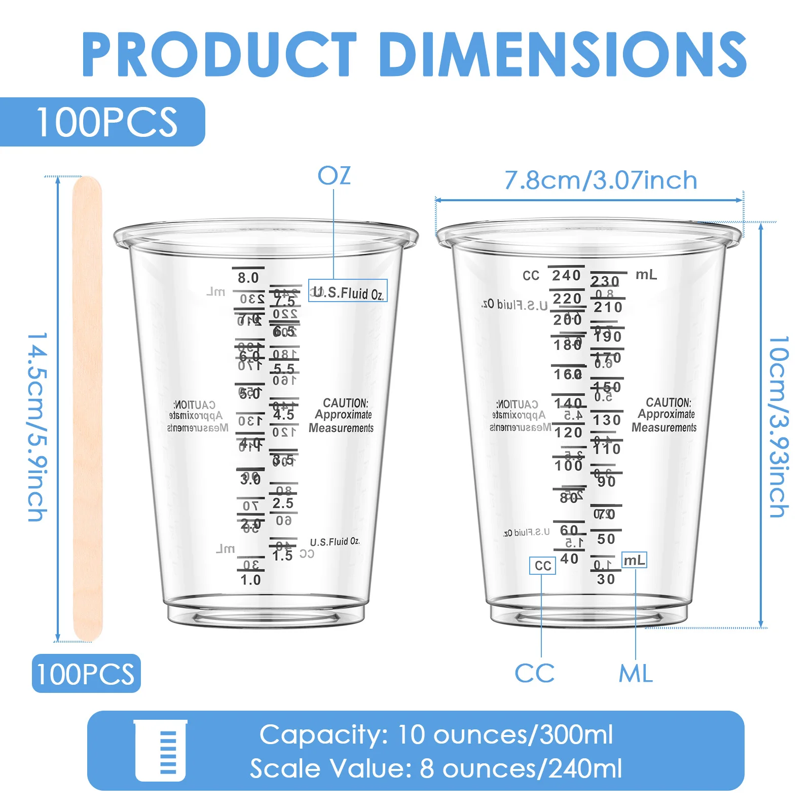 100Pcs Epoxy Mixing Cup with Wooden Stick Disposable Clear Measuring Cups with Scale for Baking Paint Pigments DIY Craft Mixing