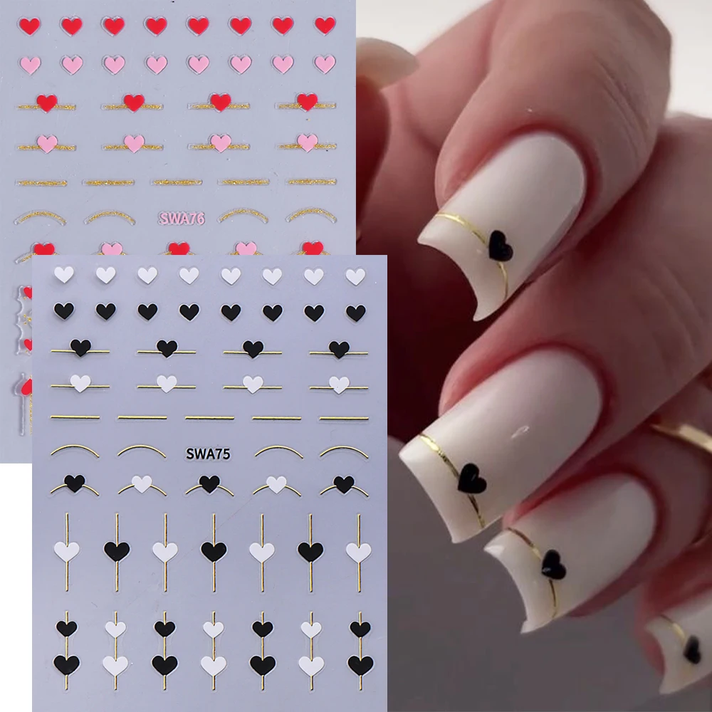 2Pcs 3D Nail Stickers Gold Strips Love Heart Valentine's Day Nail Decals Adhesive Manicure DIY Nail Decorations Nail Supplies