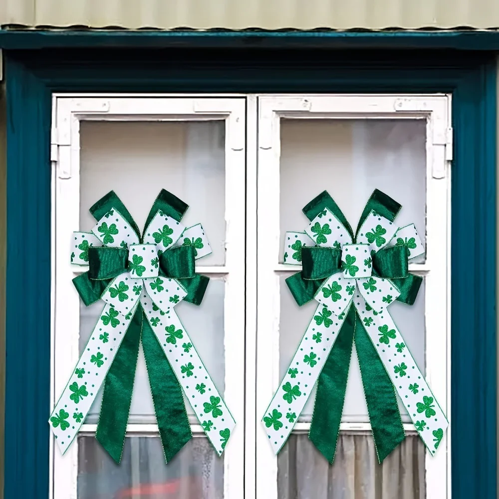 

St. Patrick's Day Wreath Bow Green Shamrock Bowknot Buffalo Plaid Decorations Large Clover Green Bows Irish Holiday Ribbon Bow