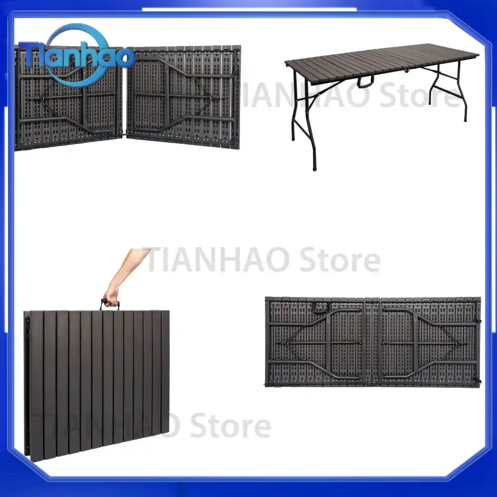 Foldable Plastic Dining Table 66 Inch with Wood Grain Finish 166 cm Rectangular Outdoor Banquet Table for All Purpose