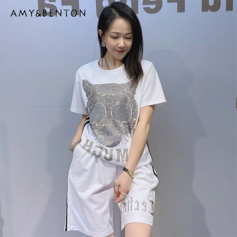 

Popular Crew Neck Pullover Short-sleeved T-shirt Casual Suit 2026 Summer Diamond Drills Shorts Two-pieces Set Women's Clothing