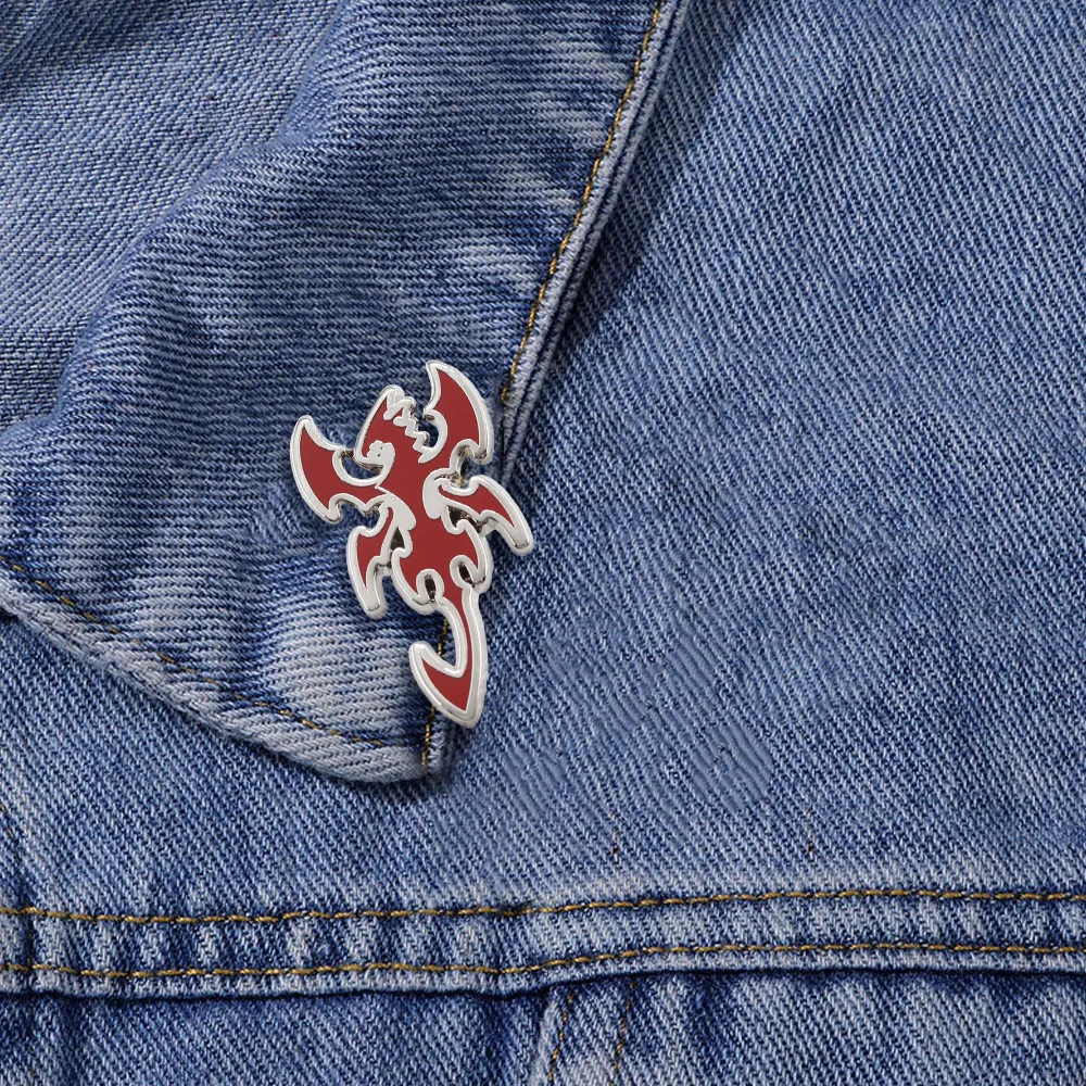 Abstract Mythical Dragon Emblem Enamel Brooch Red Silver Tone Lapel Pin Magic Guild Crest Badge for Jacket Backpack Anime Fans