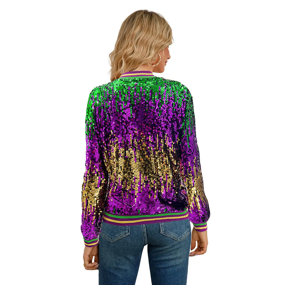 Women's Long Sleeved Sequined Cardigan Stand up Collar Baseball Jacket Spring Autumn Fashion Outerwear