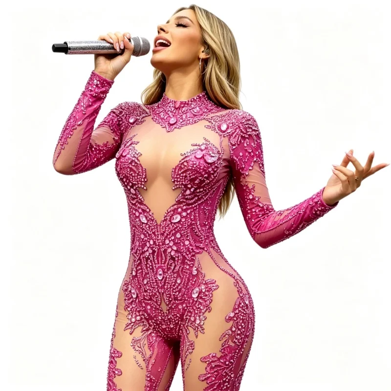 Women's Pink Rhinestone-Encrusted Sexy Jumpsuit Tight Fitting  Dance Bodysuit Stage Leotard Show Costume Birthday Celebrations