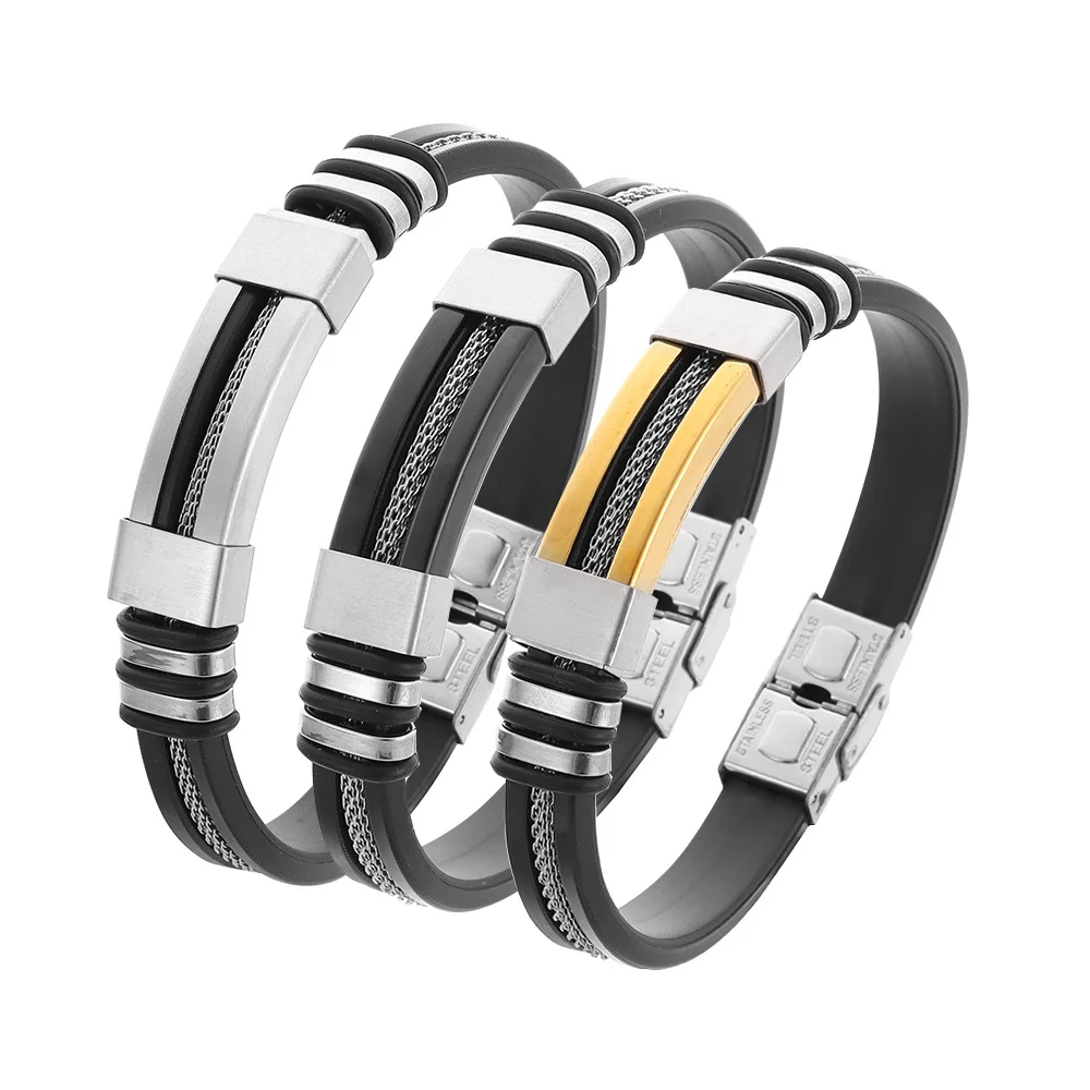 Fashion Stainless Steel Bangle Men's Hip Hop Silicone Bracelet