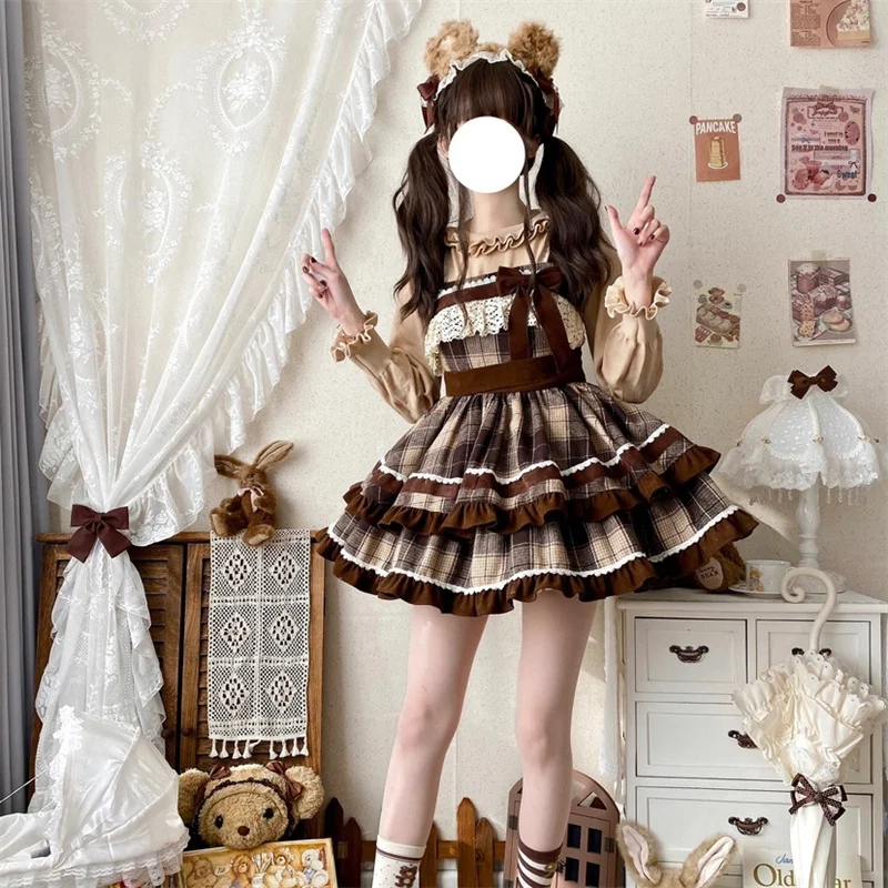 Autumn Winter Academy Style Lolita Set Detachable Fleece Neck Short Skirt Three Piece Brown Plaid Lolita Skirt