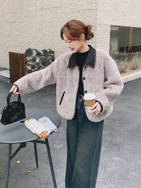 Ladies Thiened Lamb Fur Jaet ort Sle Autumn Winter New Korean Sle Inteated Leather And Fur Warm Casual Loose Fit