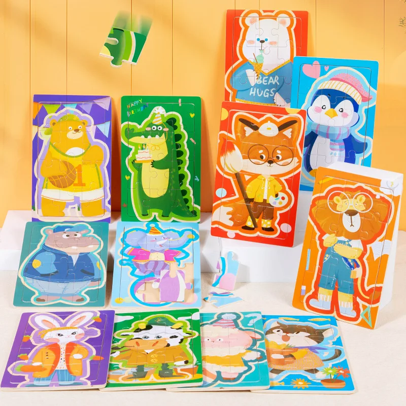 Cartoon Animal Wooden Puzzles 12 Pieces Montessori Jigsaw Game Baby Logic Thinking Training Early Learning Educational Toys Gift