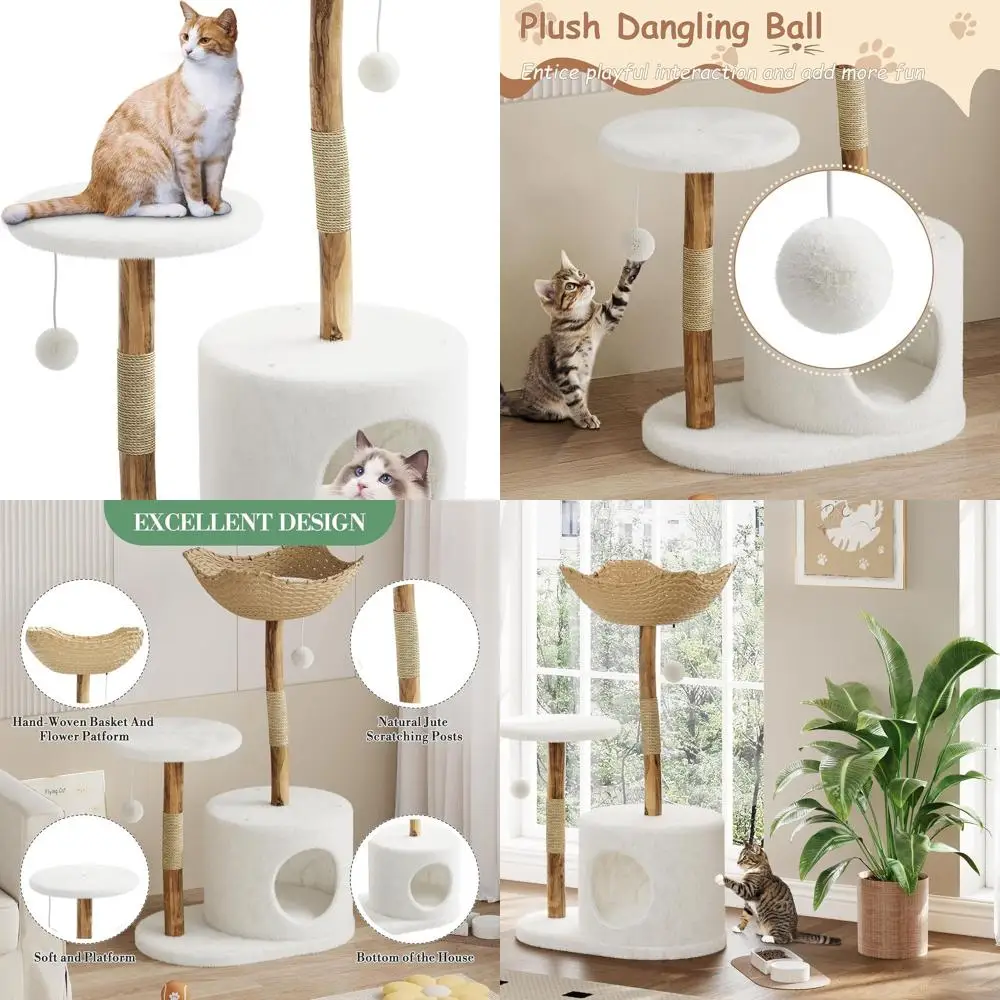 

Wooden Cat Tower with Bed, Scratching Posts, Platforms, Wicker Basket, and Pom Pom Balls - Spacious Indoor Cat Condo for Kittens