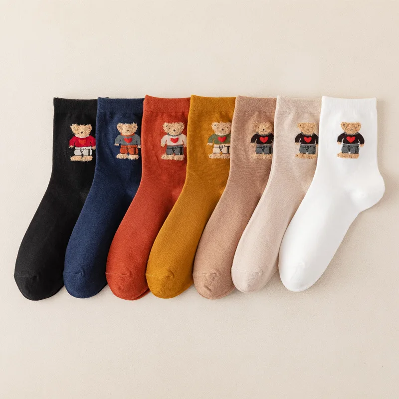 

5 Pairs Women's Socks Set Japanese Cartoon Comfortable High Quality Cotton Sock Cute Bear Embroidery Kawaii Sweet Mid Tube Socks