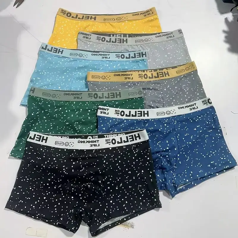 

7Pcs Men's Boxer Briefs Breathable Underwear "HELLO" Waistband Polka Dot Print Soft Comfortable Underpants for Men Plus Size