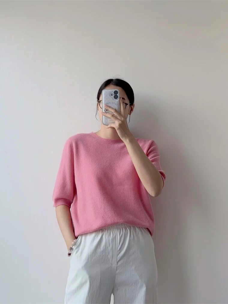 

Шерстяной вязаный свитер с коротким рукавом и круглым вырезом, бесшовный, для весны и лета, в корейском стиле, приталенный, с рукавом до локтя