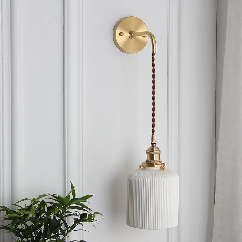 Fumi Modern Wall Sconce Lamps Lighting Fixture,White ceramics Wall lamp with Copper lamp Holder for Living Room Bedroom Bedsi