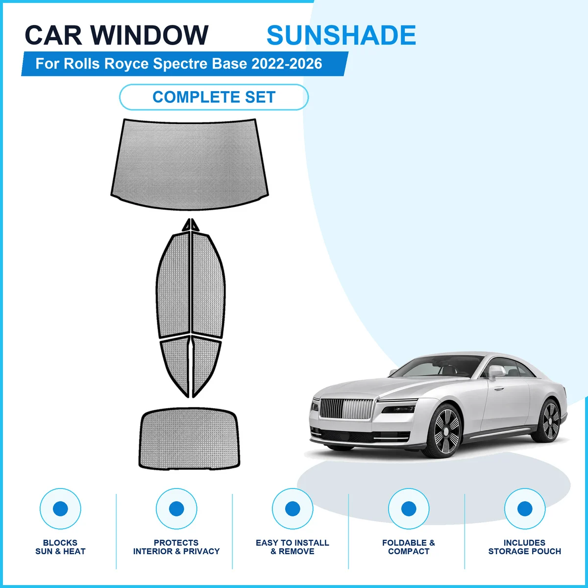For Rolls Royce Spectre Base 2022-2026 Custom Full Set Window Sunshades Aluminum Foil Suction Cup Anti UV Privacy