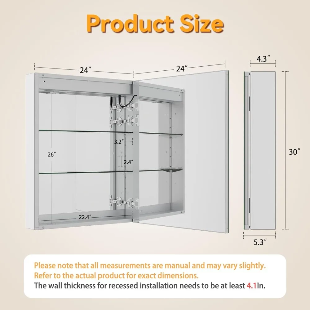 خزانة طبية مضيئة بإضاءة LED مقاس 24 × 30 بوصة للحمام، مثبتة على الحائط مع إزالة الضباب و3 إعدادات لدرجة الحرارة