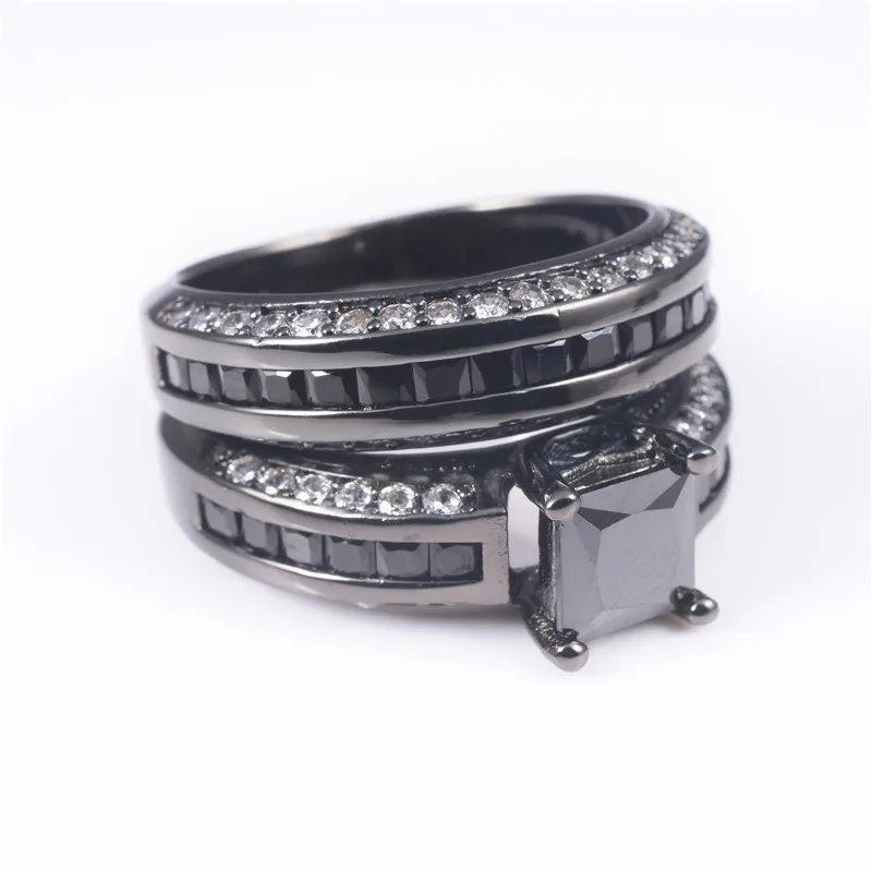 

Роскошные квадратные кольца с черным топазом принцесса-кэт, набор из 2-х колец 2-в-1 для помолвки и свадьбы, женские кольца из черного золота 10 карат, ювелирные изделия