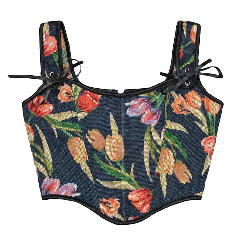 

Vintage Victoria Corset Top Floral Prints Red Pink Bustiers Women Sexy Gothic Slimming Bodices Lolita Cute Sleeveless Camisole