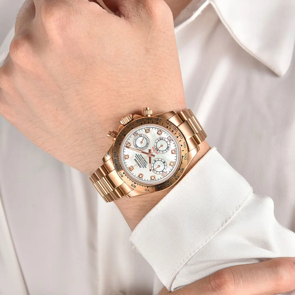 Reloj de pulsera para hombre de oro rosa de 39mm, movimiento VK63, cronógrafo de cuarzo, cristal de zafiro, caucho, reloj de pulsera personalizado de lujo para hombres de negocios