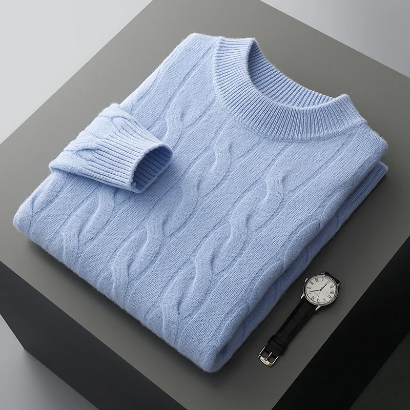 

Men 100% Merino Wool Casual O-Neck Cable Knit Sweater Long Sleeves Pullover Cashmere Soft Solid Color Warm Men's Clothing Top