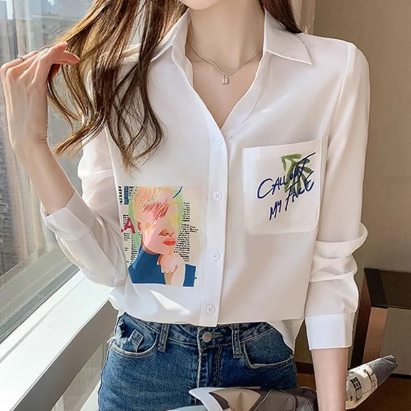 Women Clothing Temperament White Shirt Tops Spring Autumn New Solid Polo Neck Long Sleeve Printing Office Blouse Fashion Elegant