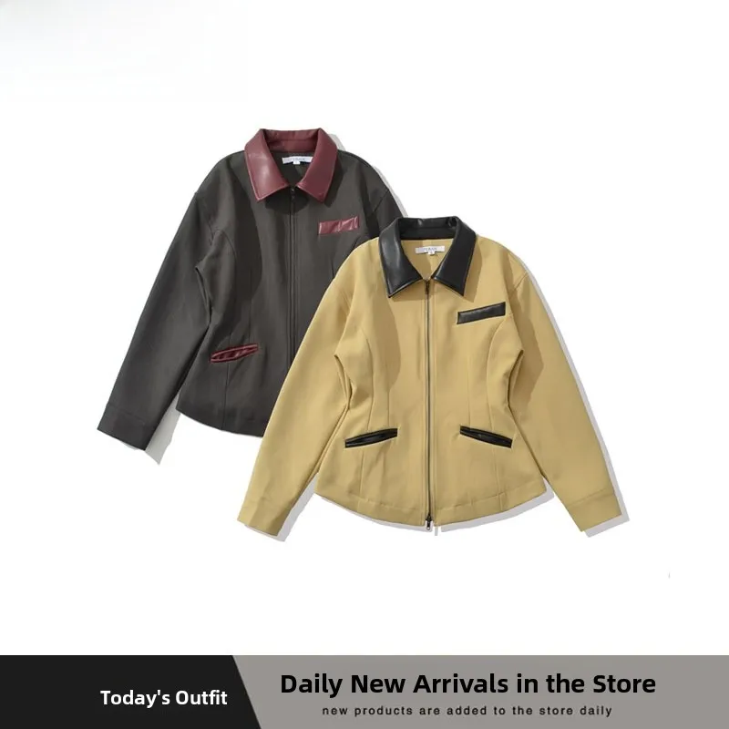 ファッショナブルなジッパーレザートリムスリムフィットジャケットアウターウェア女性用多用途スタイリッシュなフレンチスタイルポリエステル繊維コート