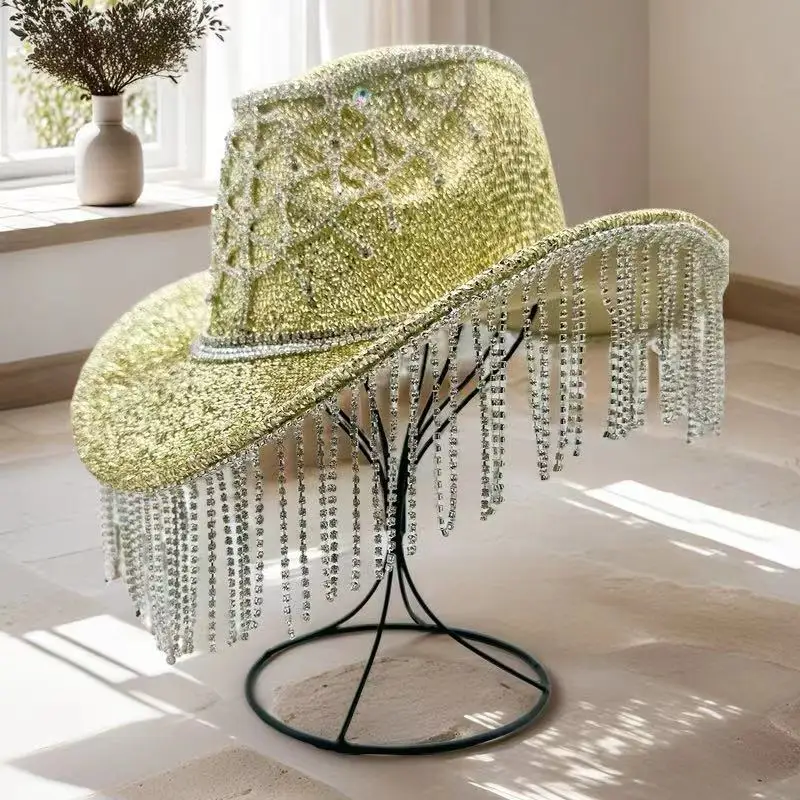 HongLuan Brokatowy Kapelusz Kostiumowy dla Dorosłych i Kapelusze Kowbojskie z Cyrkoniami dla Kobiet, Akcesoria do Cosplay Kowbojki i Kapelusz Kowbojski