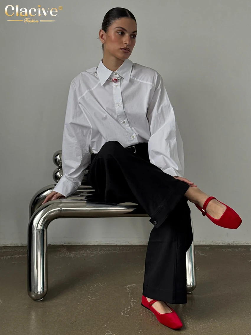 Clacive Casual Loose White Cotton Women's Blouse 2025 Fashion Lapel Long Sleeve Shirt Elegant Classic Solid Top Female Clothing